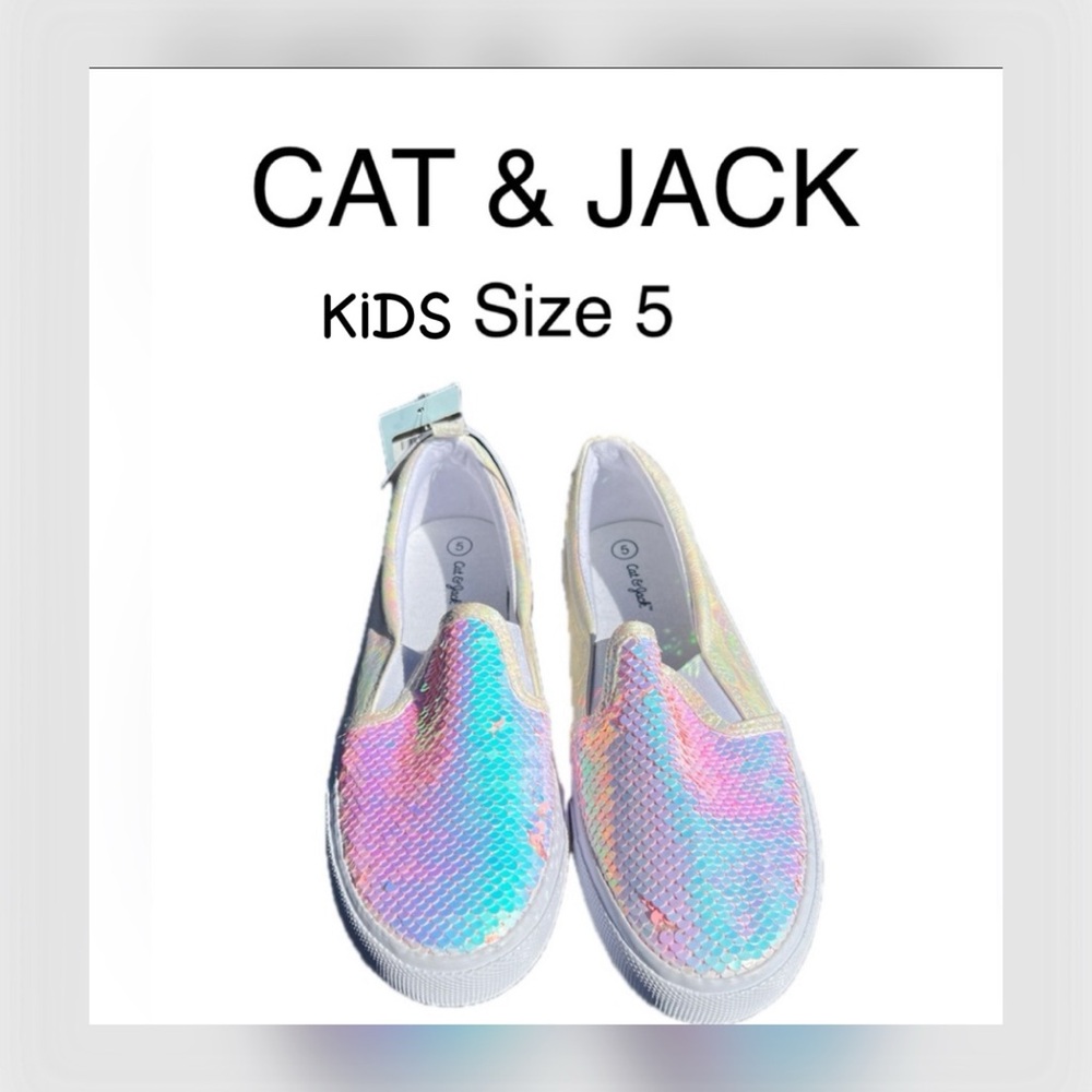 Kids NWT Cat and Jack sequenced iridescent kids slip on tennis shoes Size 5.